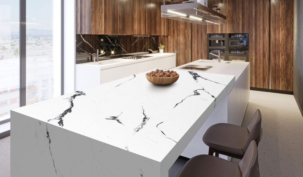 Luxurious bar counter of black marble with a wooden plate with nuts and two leather bar stools in the contemporary kitchen room. 3d rendering.